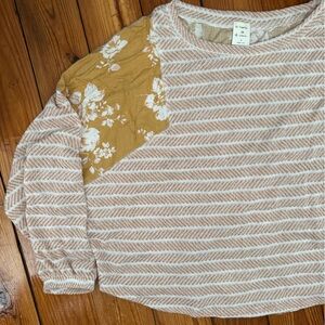 By Together Tan and White Striped Sweater with Yellow Floral Accent